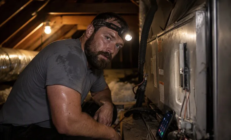 HVAC contractor working in a dark attic on an air handler while his phone lights up with a missed call