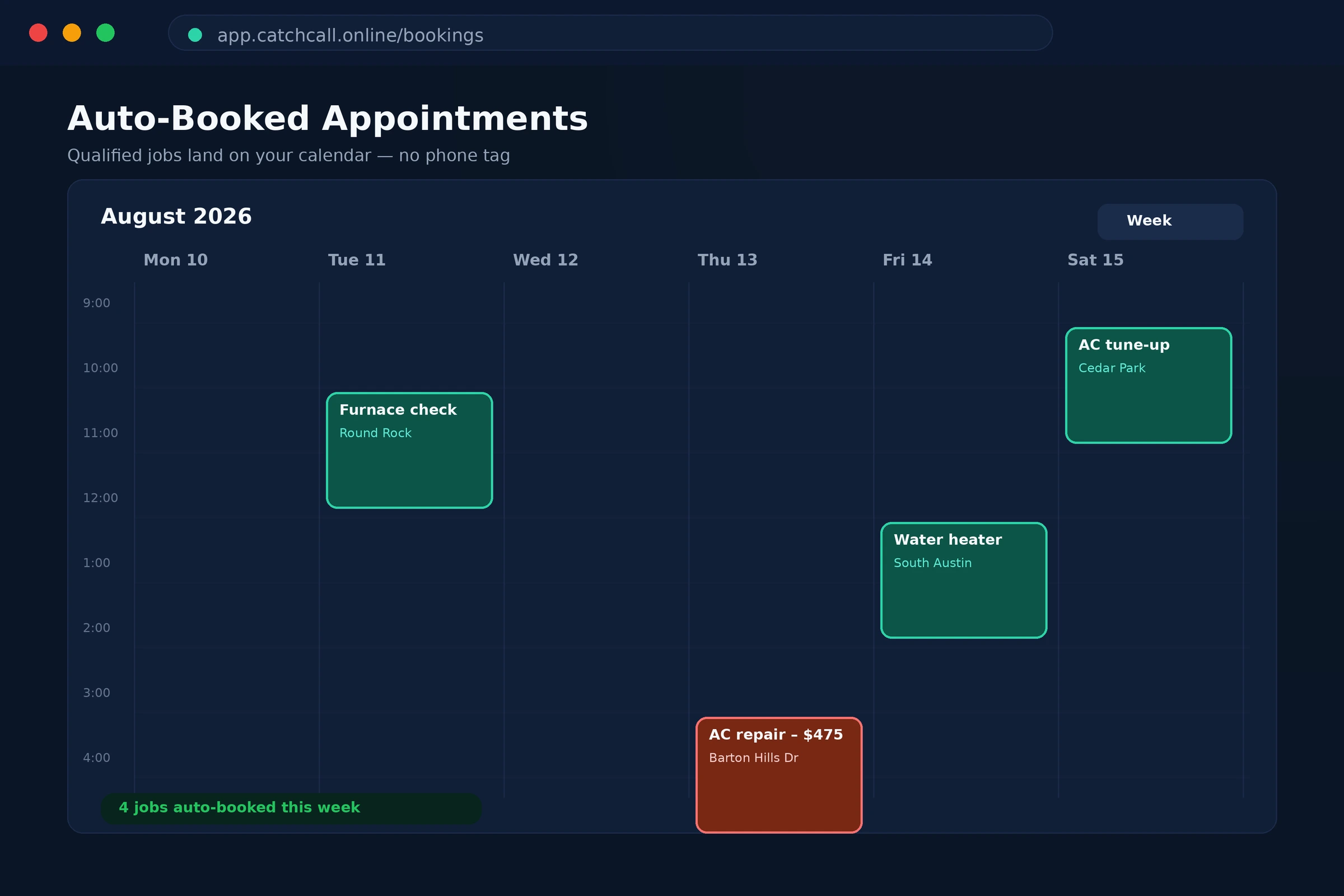 CatchCall calendar view with automatically booked appointments from captured missed calls