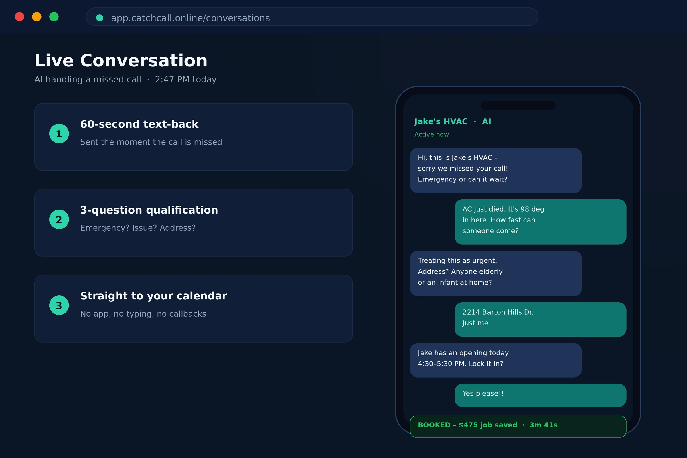CatchCall AI answering a missed-call text conversation and qualifying the job in real time