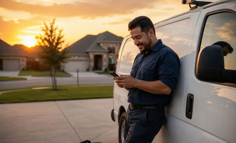 Contractor at his work van at dusk, smiling at his phone after a booked job